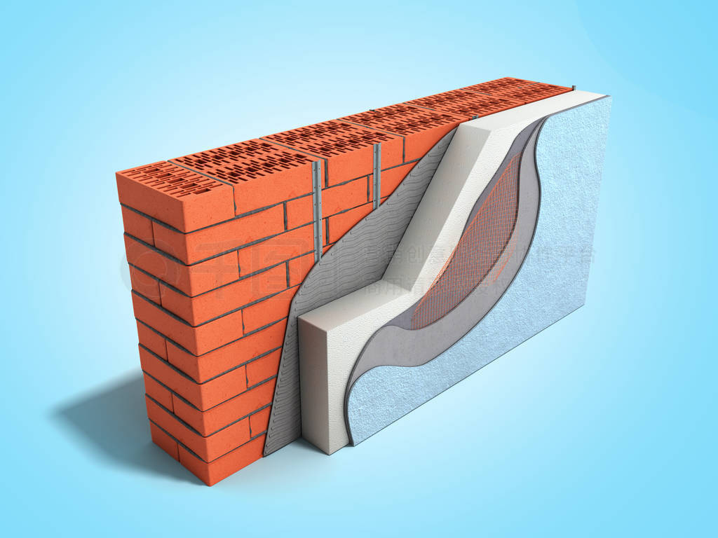 Layered brick wall thermal insulation concept 3d render on blue