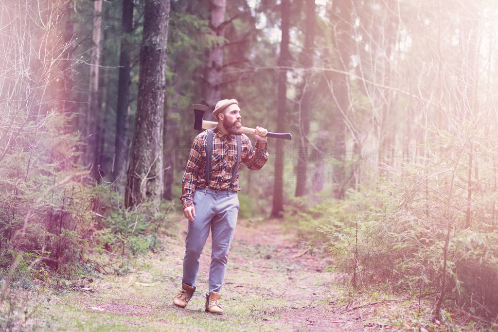 A bearded lumberjack with a large ax