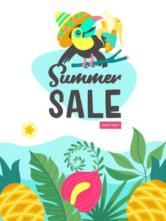 夏季促销。 鲜艳的彩色广告海报。 戴着明亮墨西哥帽子的欢快的巨嘴鸟拿着香蕉。 卡通风格的插图。