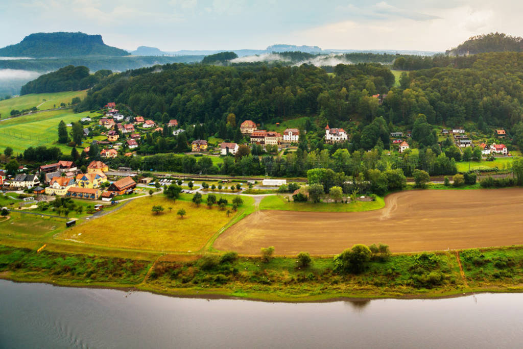 View from viewpoint of Bastei, to Elbe river and Kurort Rathen,