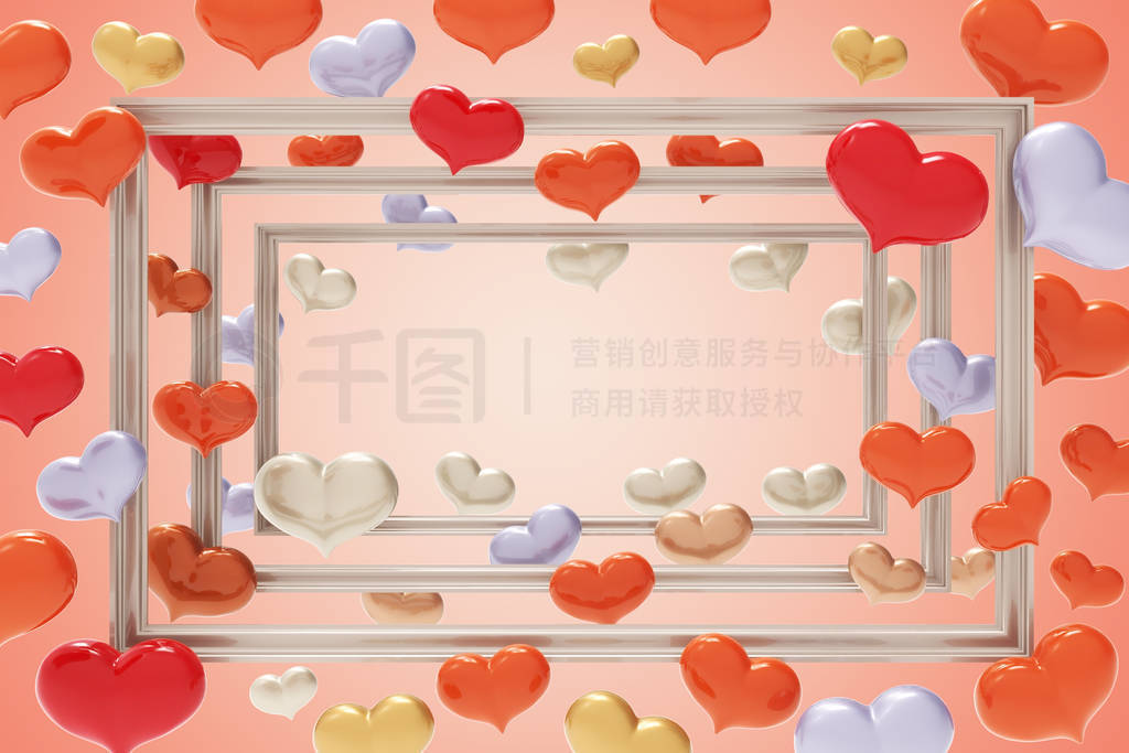 Holiday Valentine's Day. 3d rendering. Golden frame with hearts