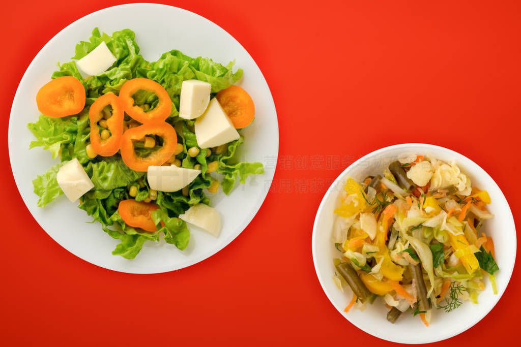 salad of cheese, lettuce, corn, pepper on a colored background