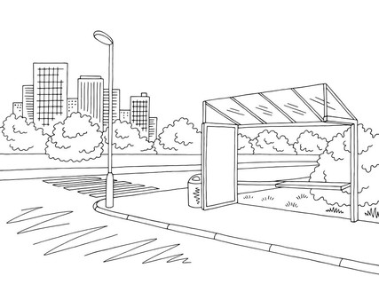 公交车站台图黑色白色城市街道风景剪影例证载体