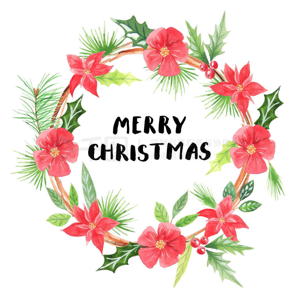 Merry Christmas.Watercolor floral wreath