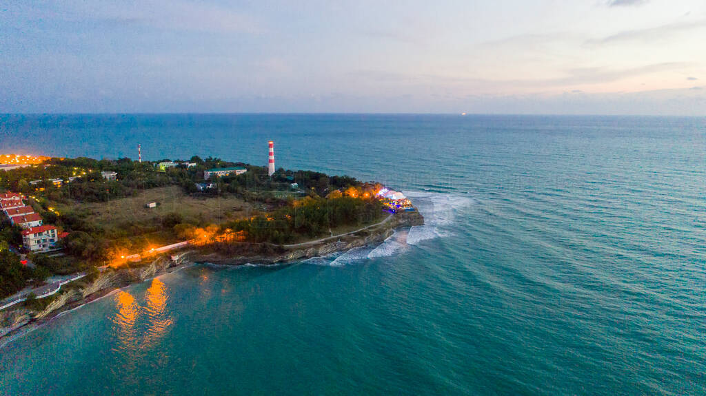 Evening panorama of Gelendzhik resort from a bird's-eye view.