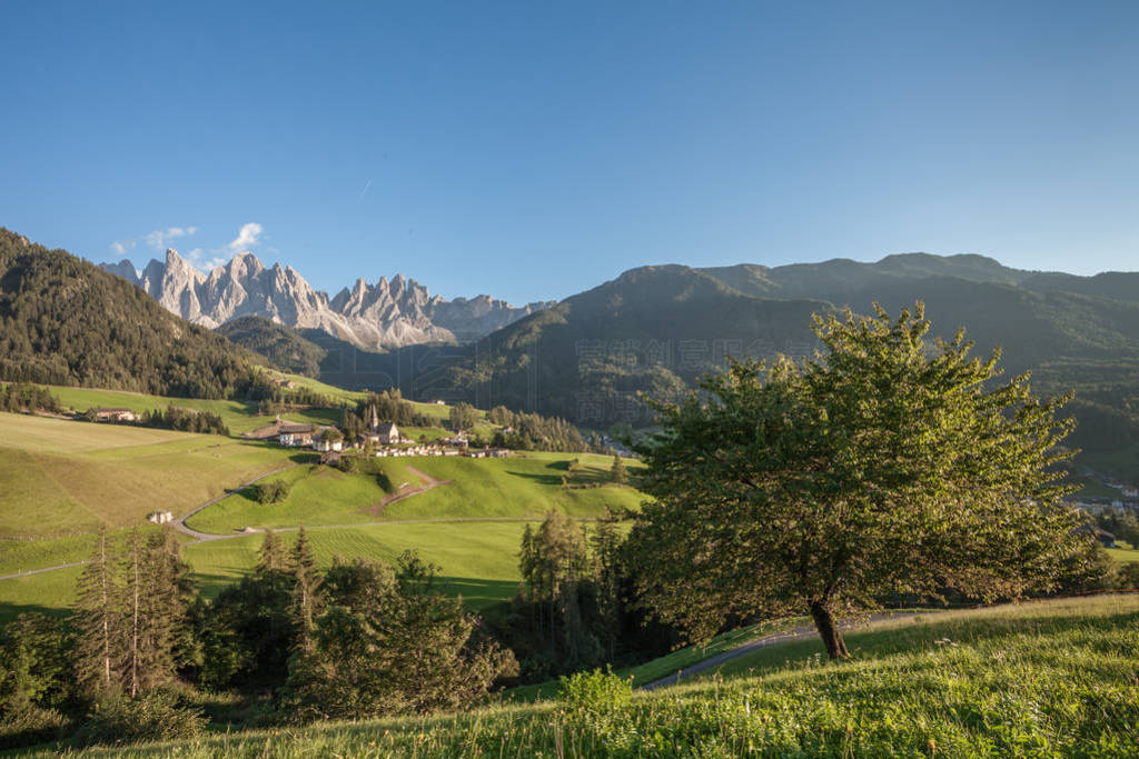 Small Italian mountain town of St. Magdalena in Val di Funes at