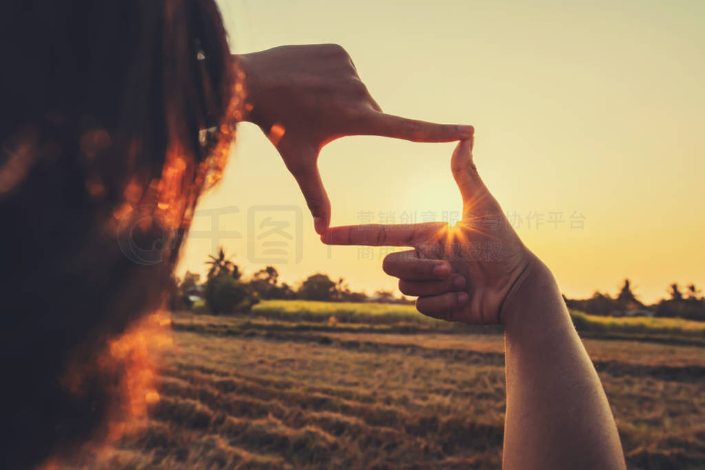 close up woman make hand framing gesture distant view. business