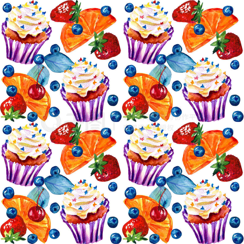 Seamless watercolor pattern with sweets, berries and leafs.