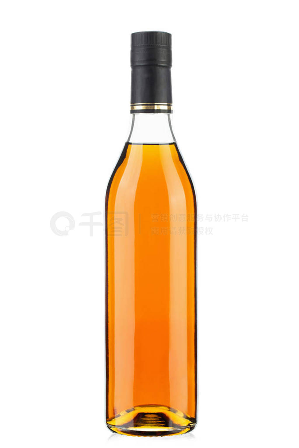 Full bottle of cognac isolated on white background. Full depth