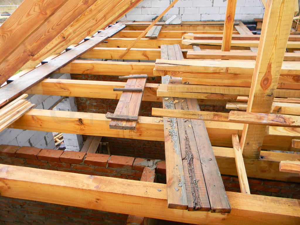 Unfinished attic house roofing construction trusses, wooden beam