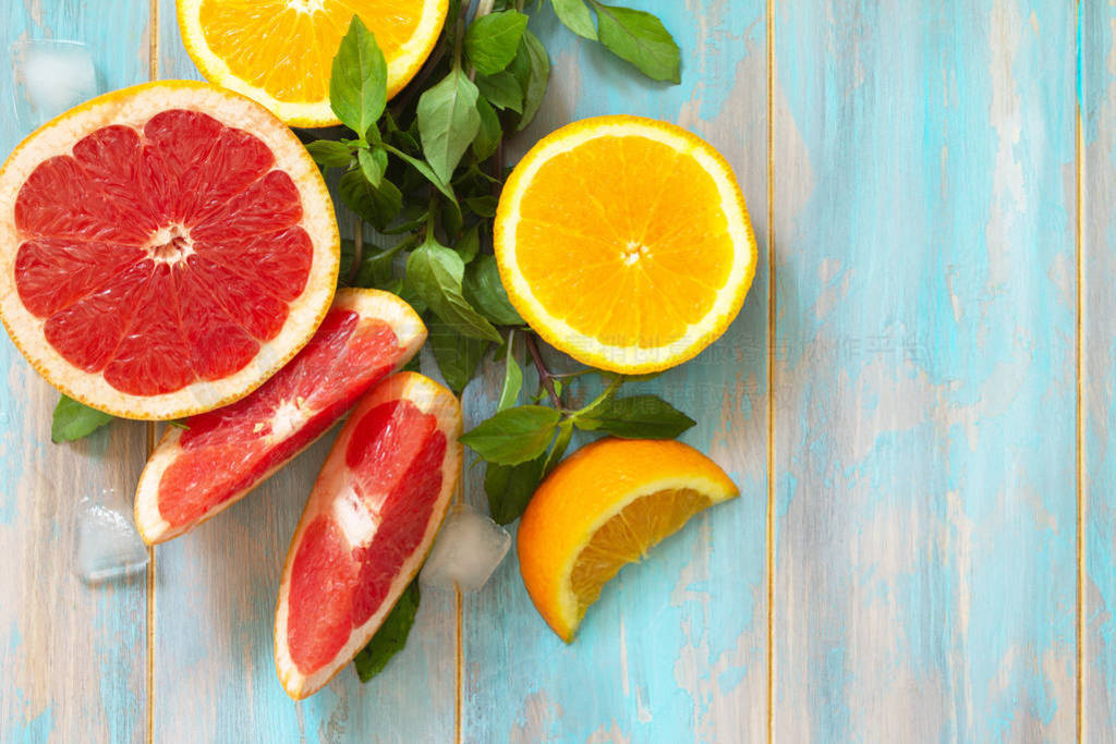 Ingredients for cooking a refreshing drink. Grapefruit, orange,