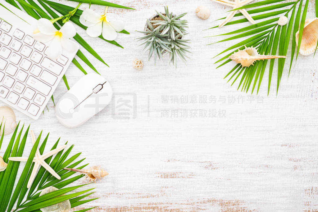 Hello summer travel vacation concept flat lay poster background