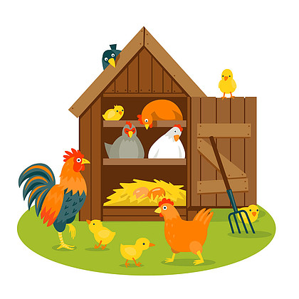窝710鸡舍与有趣的小鸟,在绿色的草坪矢量图110母鸡和公鸡170黄色鸡舍