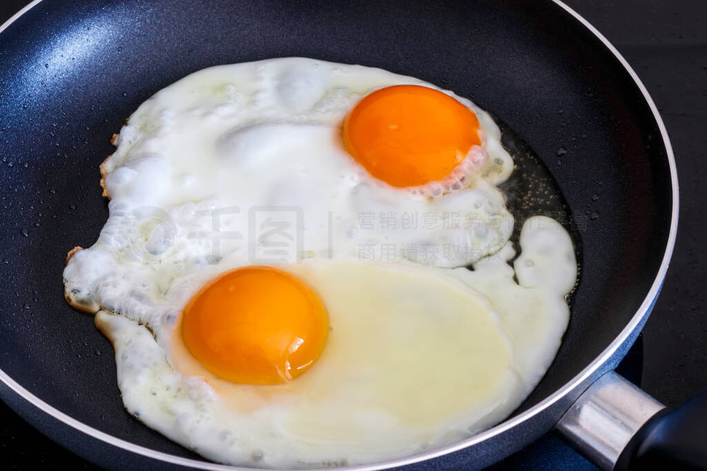 Fried eggs in a frying pan.