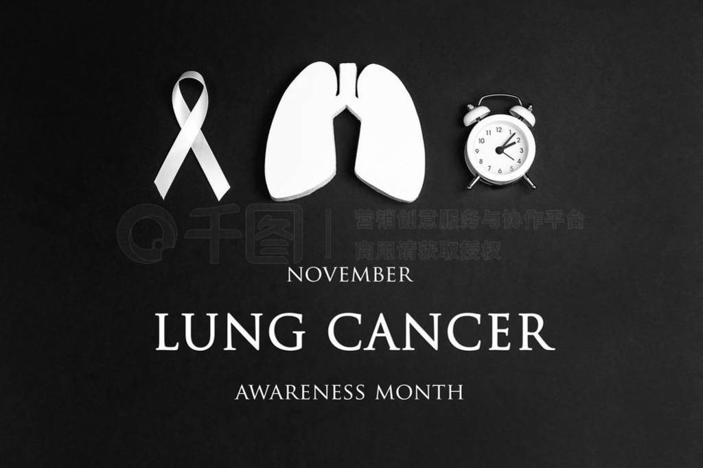 Lung cancer awareness background with white ribbon, alarm clock