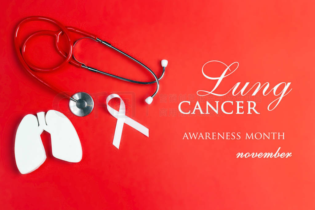 Lung cancer awareness background with white ribbon, alarm clock