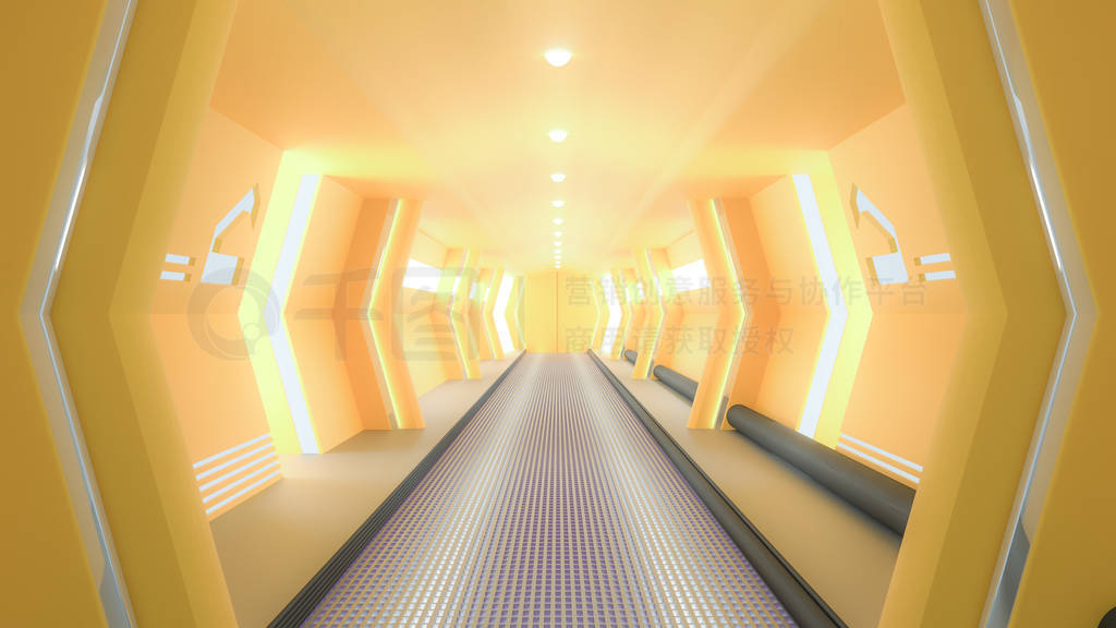 Yellow spaceship sci-fi corridor.