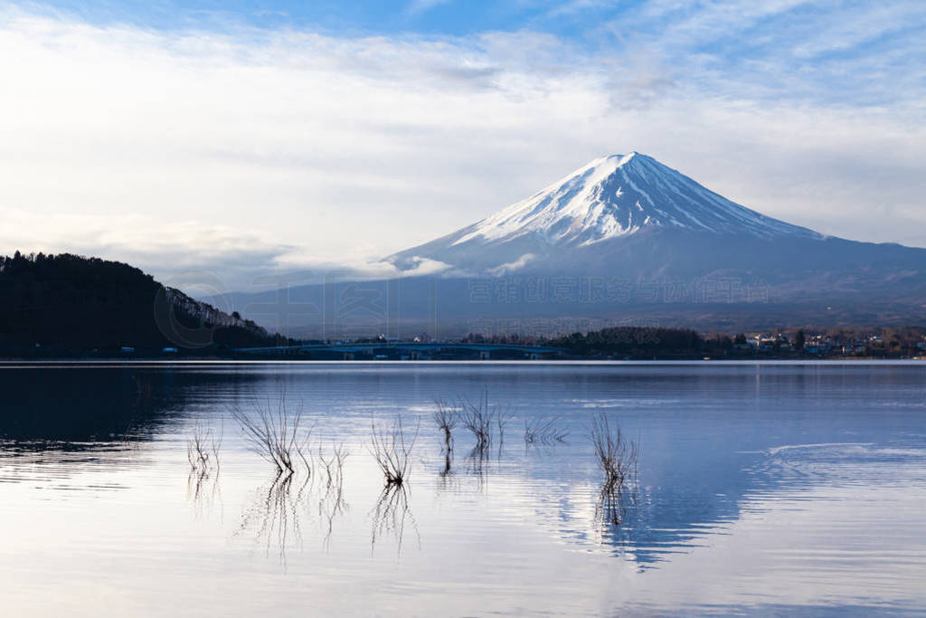 Landscape view of mount fuji from lake kawaguchi side with snow