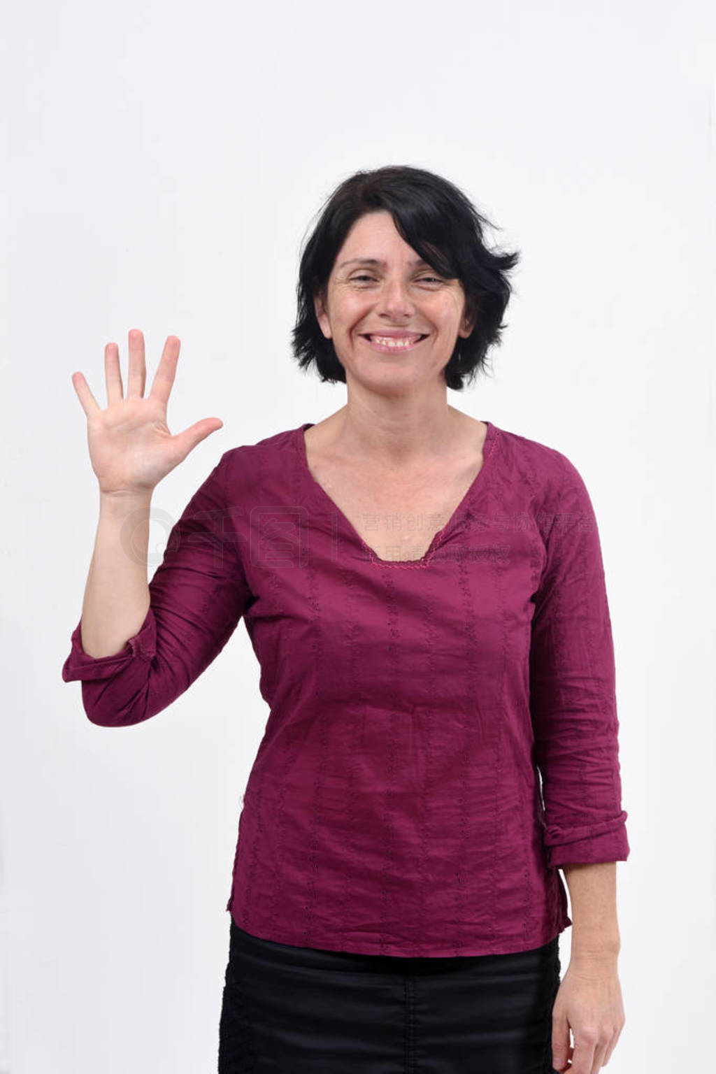 woman with open hand and number five on white background