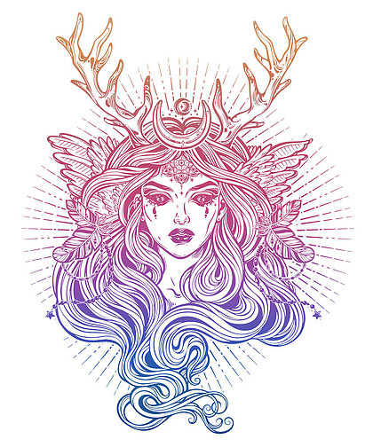 恶魔翼天使魔术妇女与鹿 antlerss 和长的头发