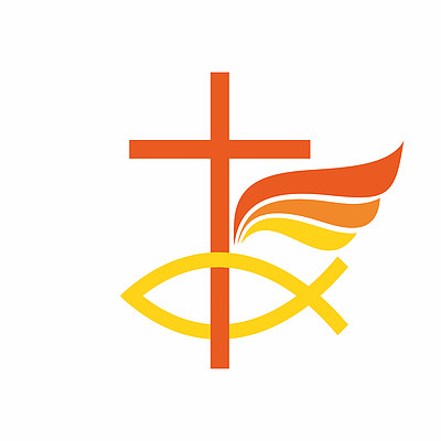 教会的标志耶稣基督,鱼, 天使翅膀的十字架