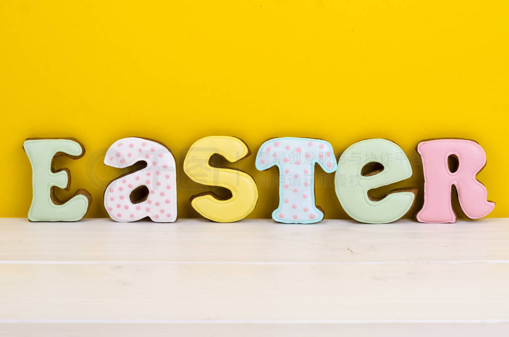 Bright Easter background. Decoration eggs and colorful letters