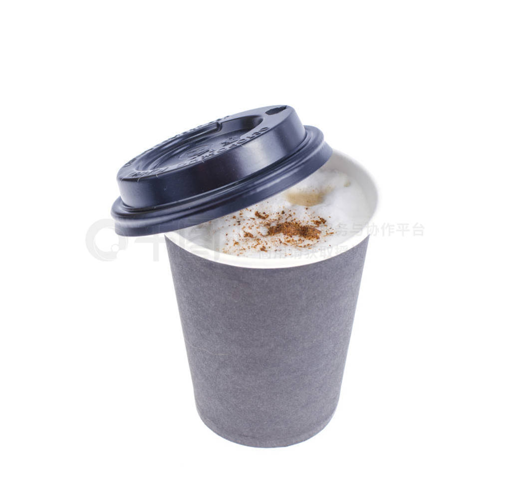 Disposable black paper cup with cappuccino, latte.