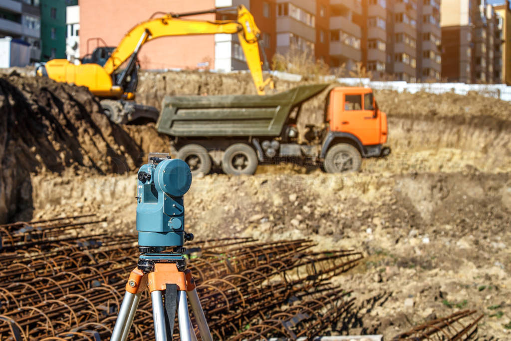 Surveyor equipment GPS system or theodolite outdoors at highway