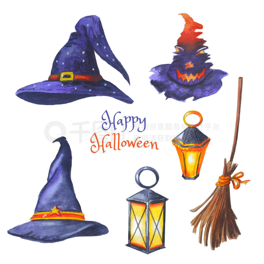 Witches hats, lanterns, broomstick for Happy hallowen.