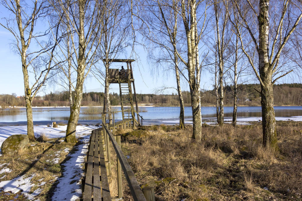 Section of a winter landscape in Sweden with a bird observation