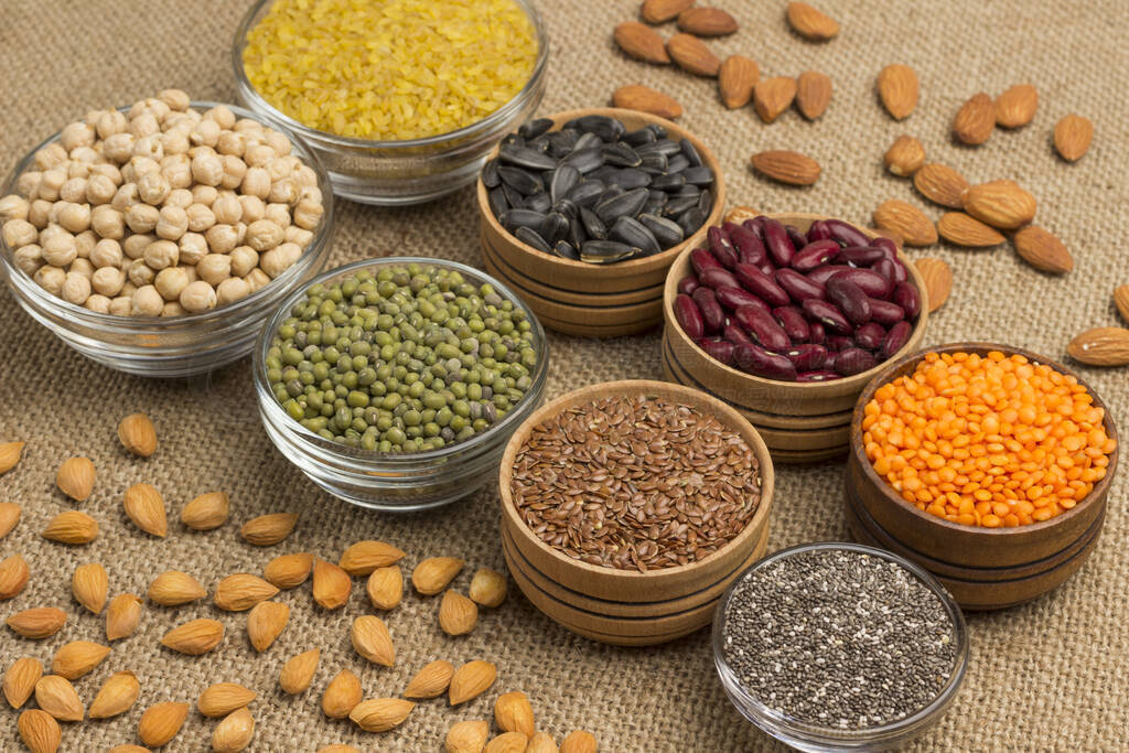 Legume, grain, groats, seed sources of vegetable fats, protein