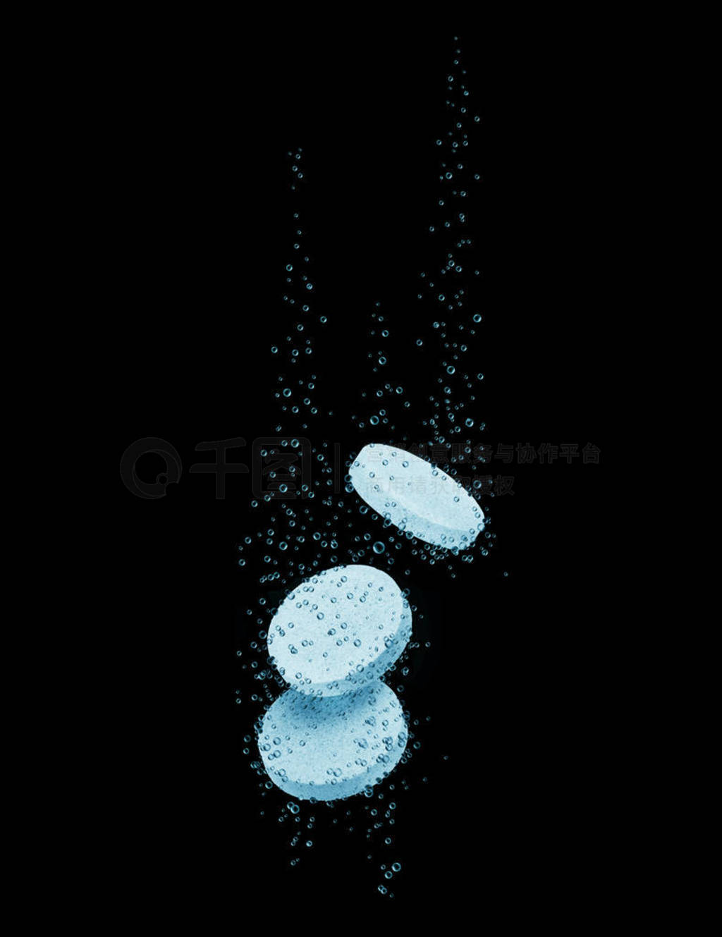 Three medical pills dissolves in water on a black background