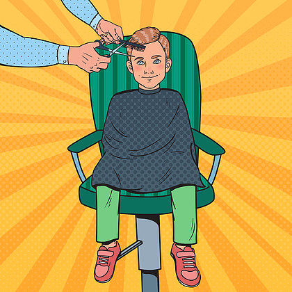 理发店里的孩子理发师剪孩子的头发矢量插图