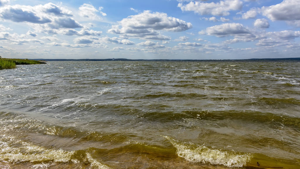 Windy day on the beach at Zaslavsky reservoir.