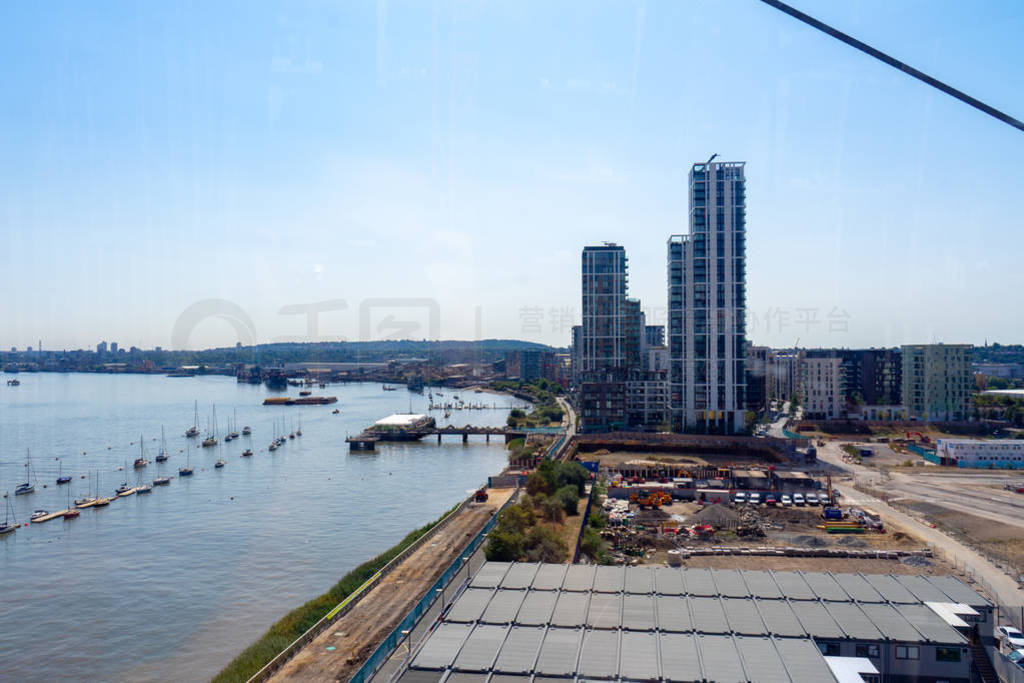 Emirates Air Line cable cars on thames river in London, UK