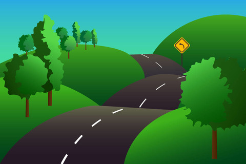 多彩的矢量图和绿色的山丘和蜿蜒的道路