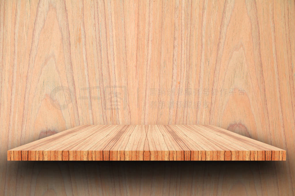 Empty top wooden shelves and woody wall background. For product
