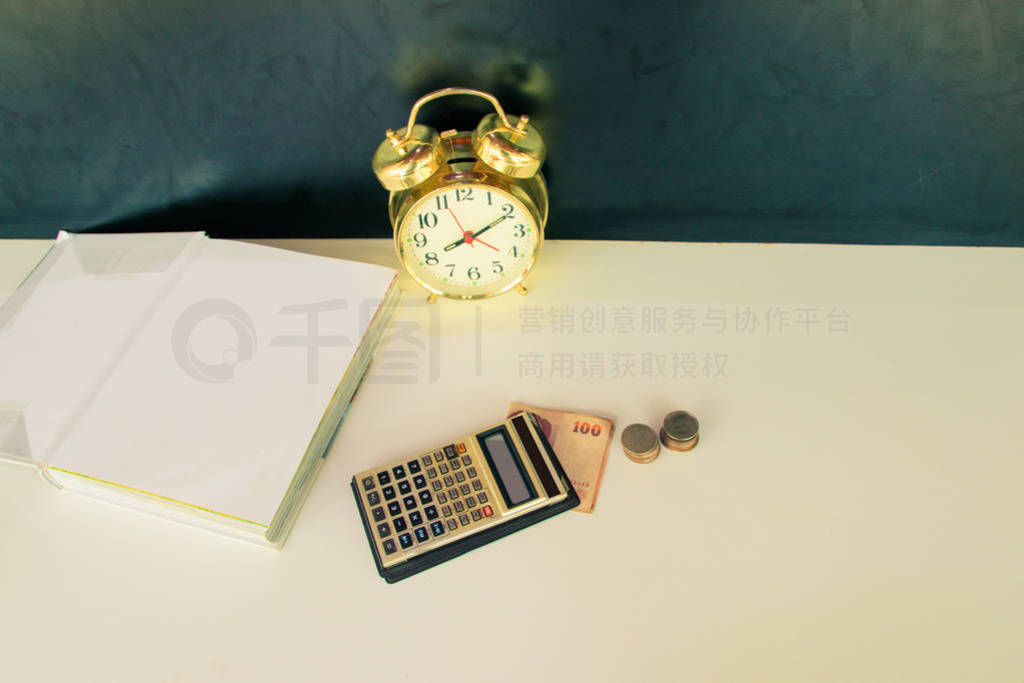 calculator old, money and alarm clock old vintage gold