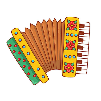 手风琴俄罗斯巴彦乐器涂鸦彩色卡通矢量插图