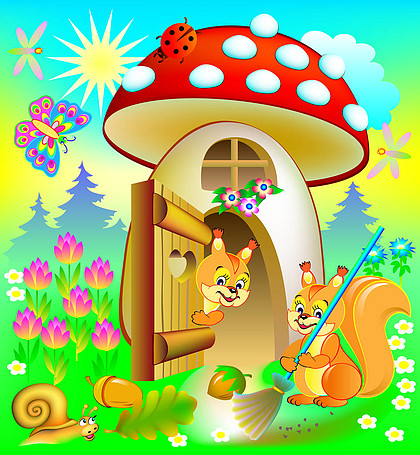 快乐松鼠清洁他的房子, 插图为儿童的书矢量卡通图像