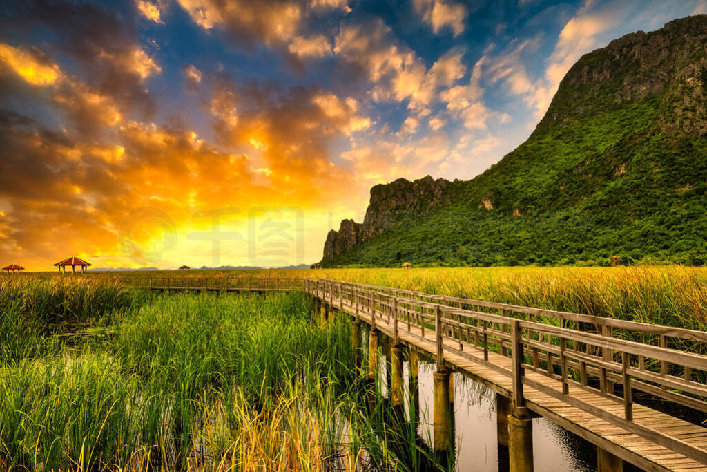 Wooden bridge across the lake Sam Roi Yod national park