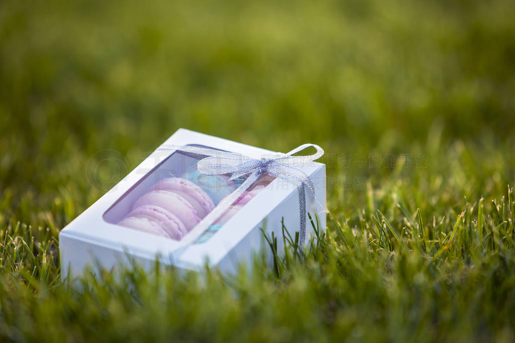 Cardboard white gift box with colorful handmade macaron cookies