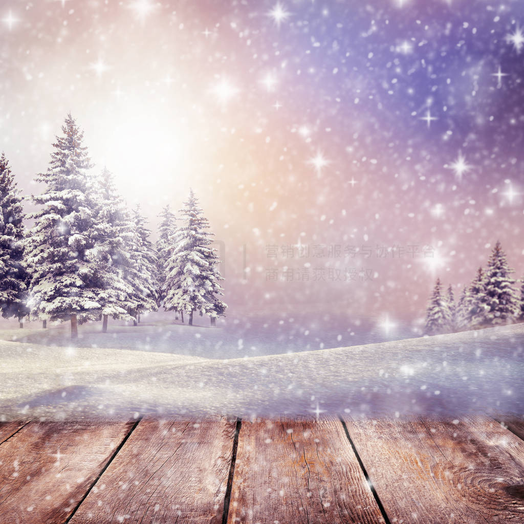 Empty winter christmas scenic landscape with copy space.Wooden t
