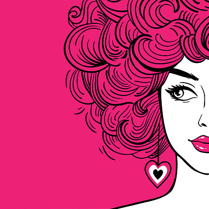 粉红色头发卷曲,粉红色的嘴唇着到一边的性感女人