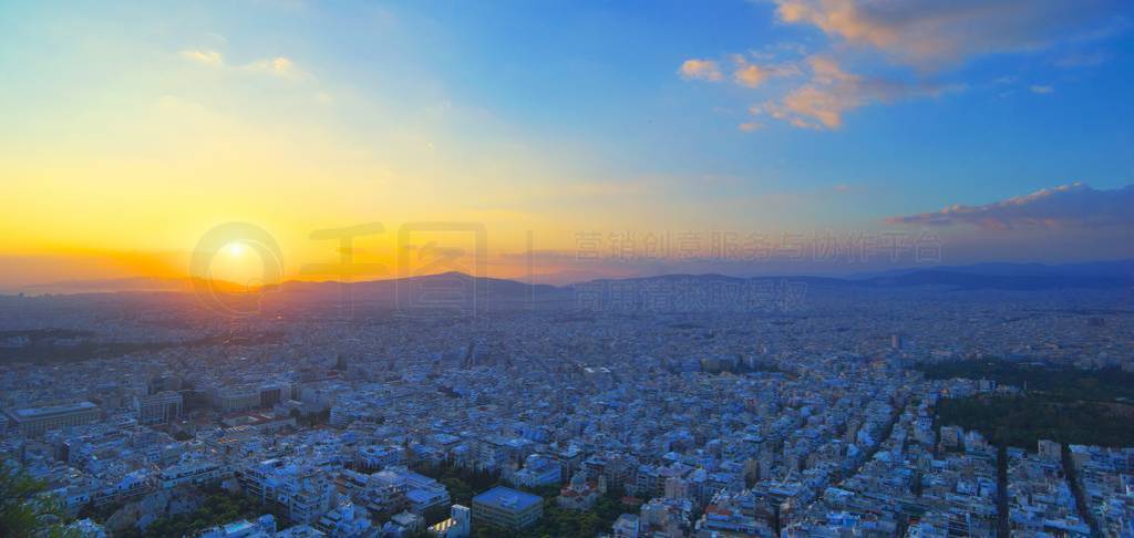 Panorama of Athens at sunset. Beautiful cityscape with seashore