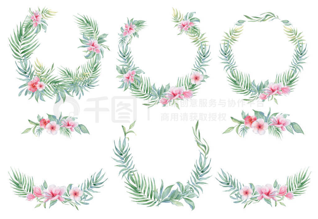 Tropical watercolor flowers and leaves. Exotic wreath isolated o