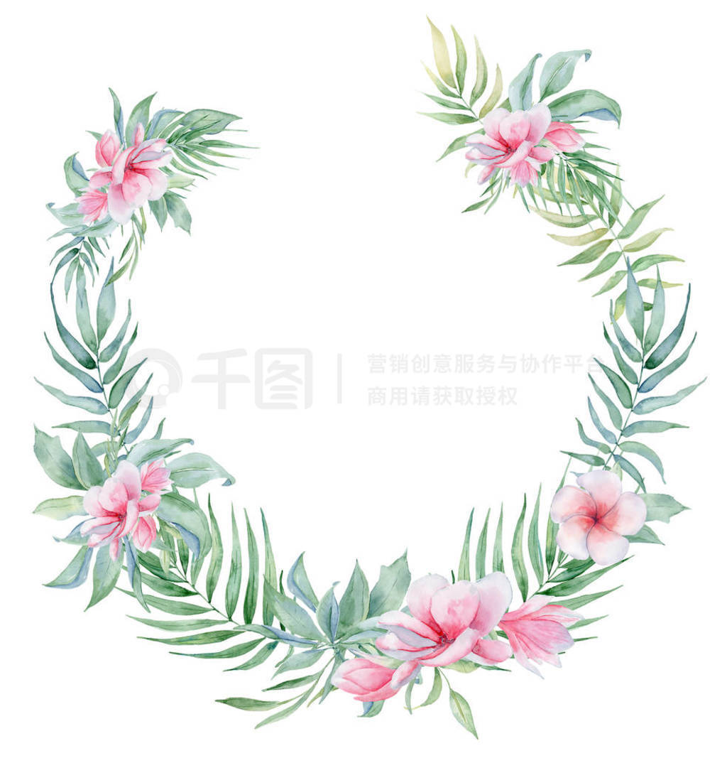 Tropical watercolor flowers and leaves. Exotic wreath isolated o