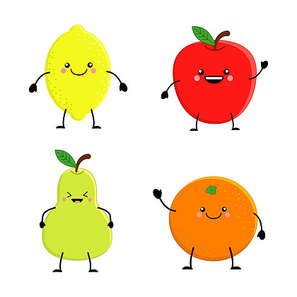 一套可爱的卡通水果柠檬橙苹果梨矢量 illu
