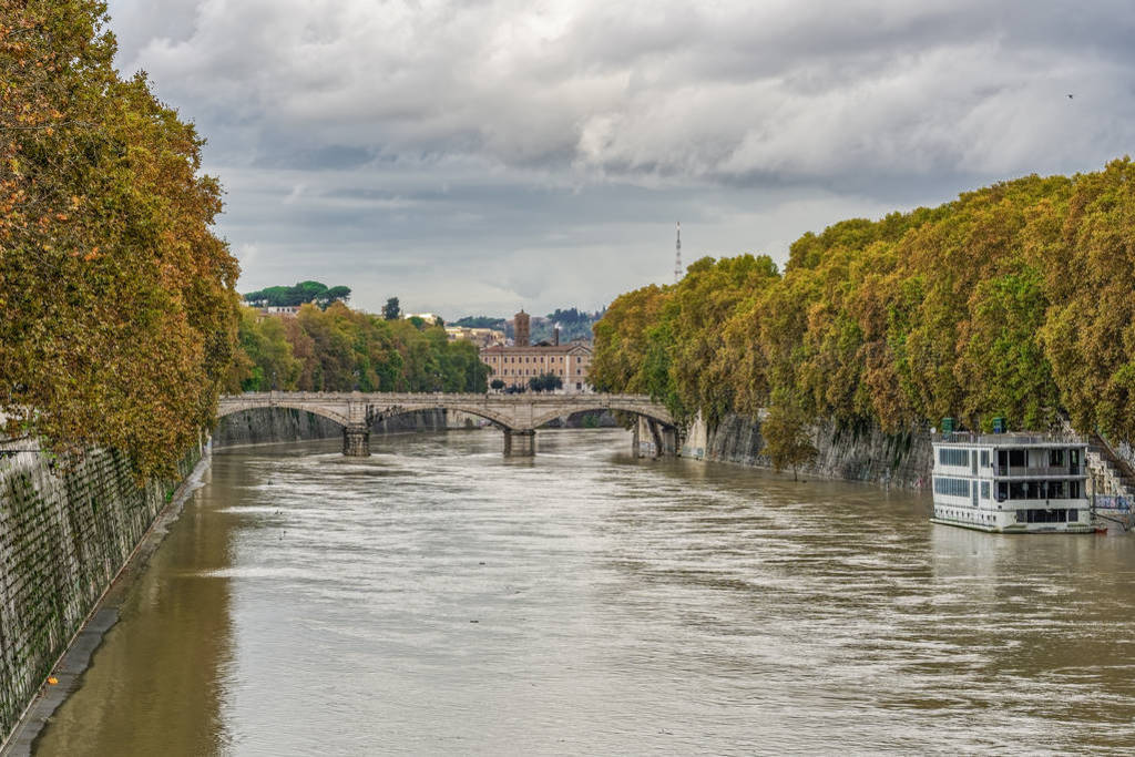 Rome, Italy Tiber river high tide water rise.