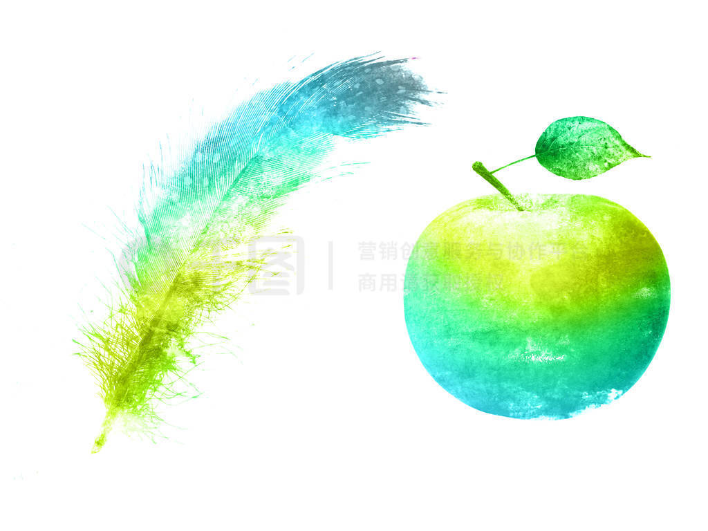 watercolor set. apple with feather. isolated on white